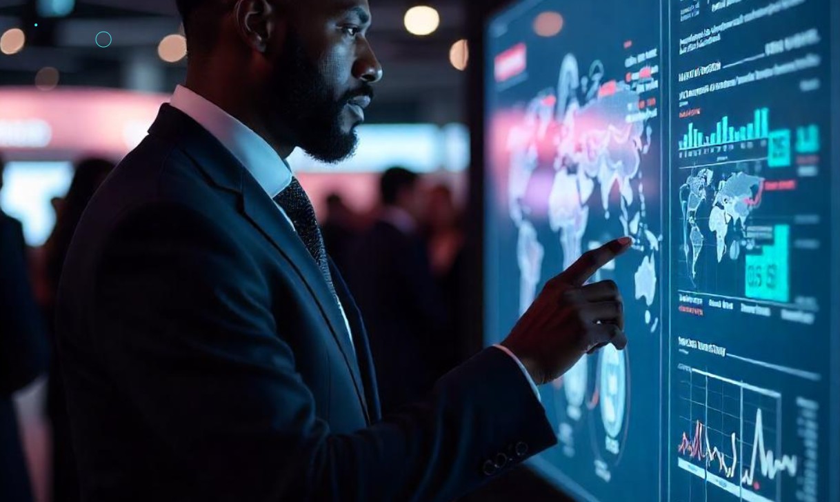A regulatory strategist reviewing global compliance data on an illuminated digital world map