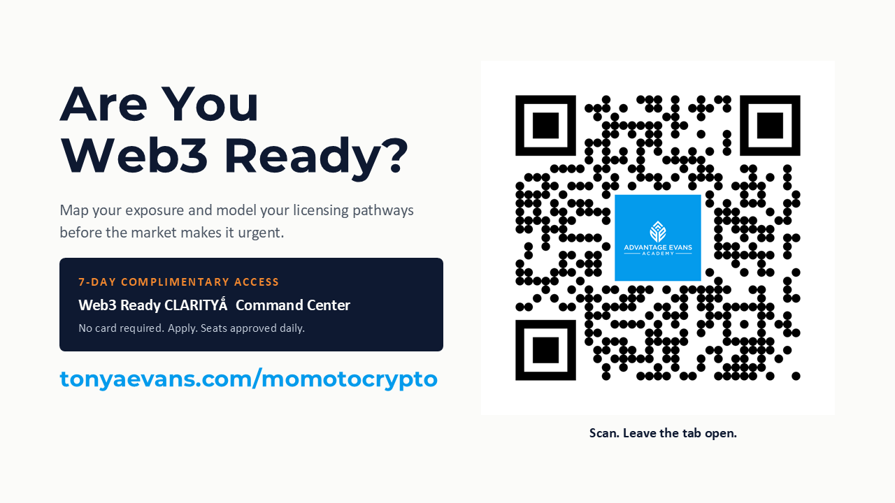 Keynote slide: QR code for tonyaevans.com/momotocrypto